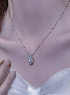 925纯银冰雪女王珍珠吊坠项链女爆火款皇冠毛衣链高级感锁骨链