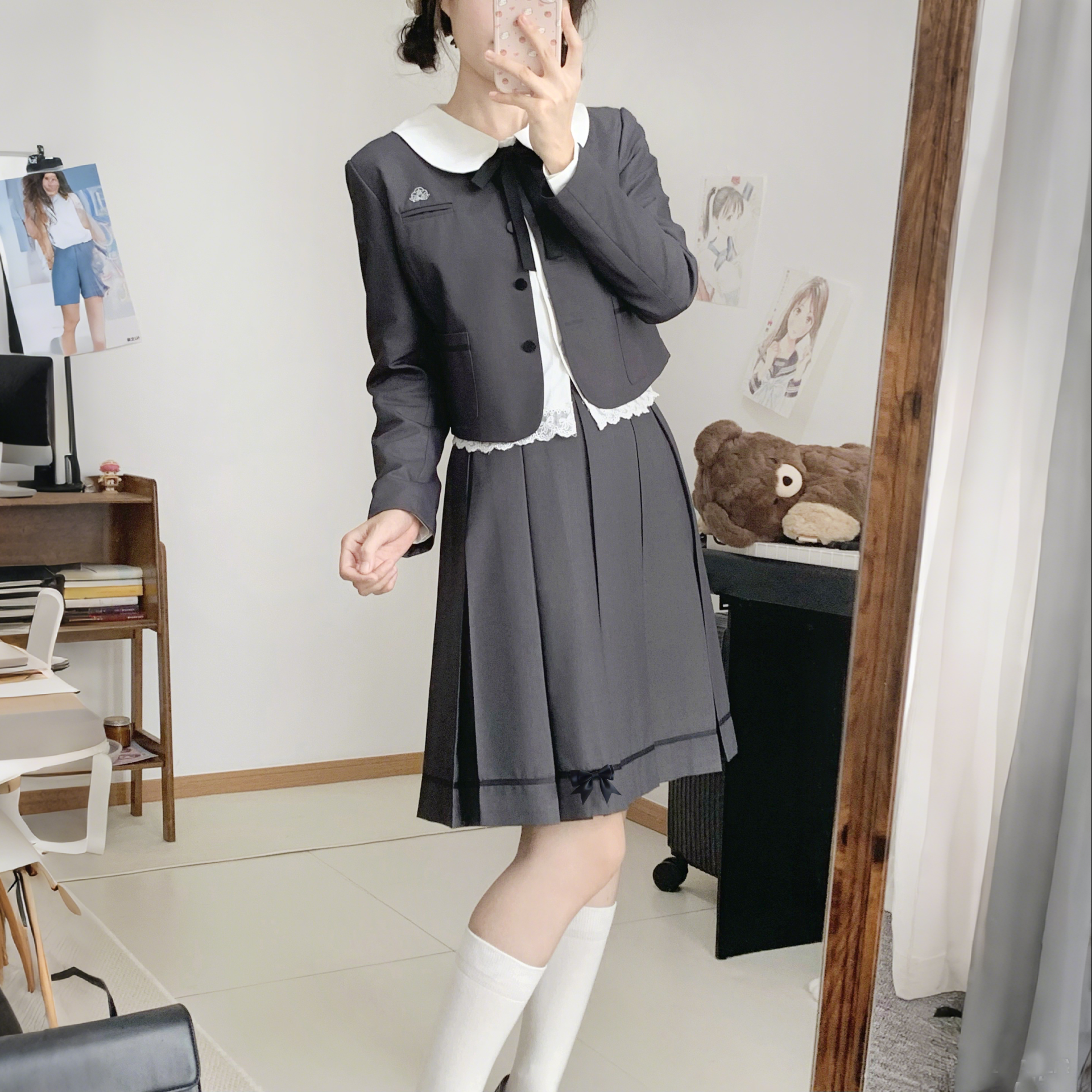 学院风jk西装原创日系校供感优雅制服裙套装女无领深灰小西服外套,淘宝优惠券,粉丝福利购,淘宝优惠卷