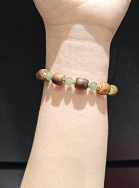 9m绿奇楠配6m浅晴和田玉配琥珀蜜蜡手串手链接受天然纹路内部结构