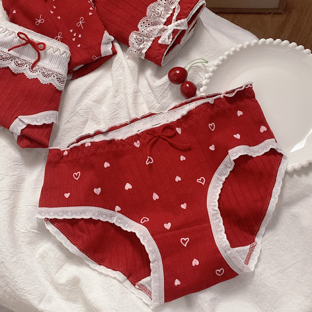 Red underwear set for women, pure cotton, dragon red, festive, natal year,  girl student, lace edge