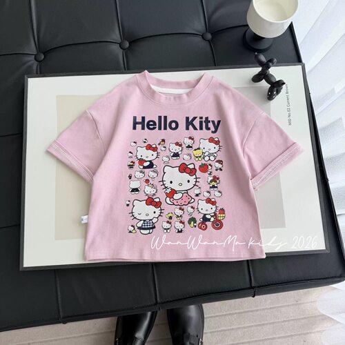 【夏季新品】2026夏季t恤女童粉色KT短袖韩版洋气甜美短袖DDT271 - 图0