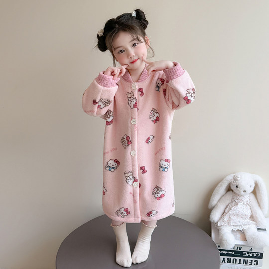 女童睡袍2025新款法兰绒保暖秋冬季女孩女宝宝儿童家居袍加厚冬装