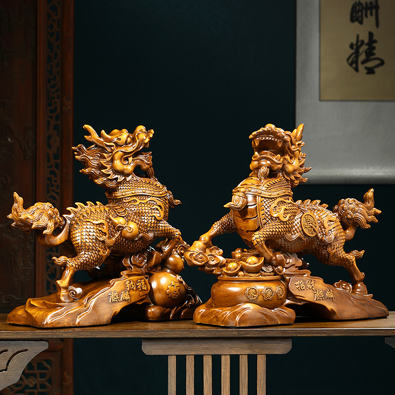 招财纳福麒麟摆件一对中式客厅玄关装饰送子麒麟工艺品乔迁礼物