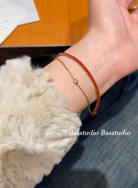 Basstudio 红绳手链单钻女款本命年编织新年礼物双层情侣钛钢首饰