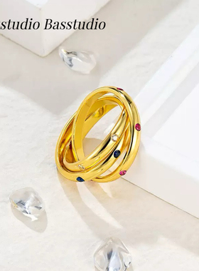 Basstudio不掉色芳伶同款环环相扣镶钻三环戒冷淡风高级食指戒女