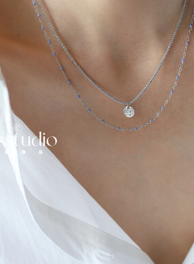 Basstudio 古巴做旧锡纸圆形双层项链 淡紫色豆豆链钛钢镀18K金