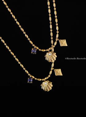 Basstudio原创设计贝壳珍珠蓝钻菱形洛可可风锁骨链钛钢镀18k金