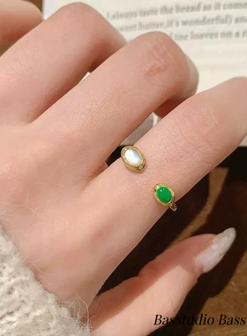 Basstudio不掉色韩系小众设计钛钢镀18k戒指镶嵌贝壳滴油开口戒指