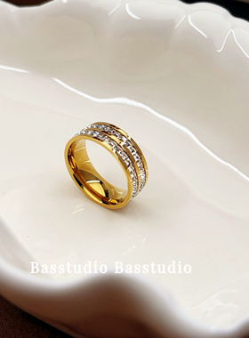 Basstudio双排钻钛钢戒指女小众高级感不掉色金色满天星食指戒指