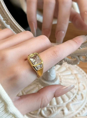 Basstudio不掉色爆闪锆石食指戒钛钢镀18k法式复古ins潮小众高级