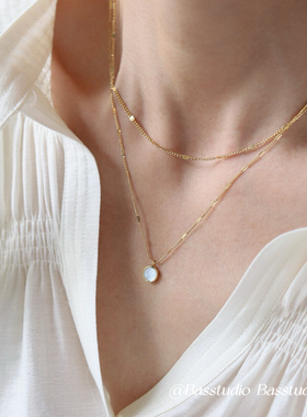 Basstudio 双层白贝壳圆形几何套链锁骨链女钛钢镀18K金不掉色