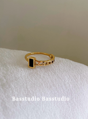 Basstudio 韩版简约黑贝不对称链条钛钢戒指女复古冷淡风小众气质