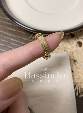 Basstudio法式复古碎冰冰金鱼鳞刻花戒指甜酷风小众设计钛钢指环
