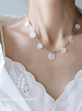 Basstudio 天然镜贝野生时尚欧美海洋风贝壳圆形项链锁骨链钛钢