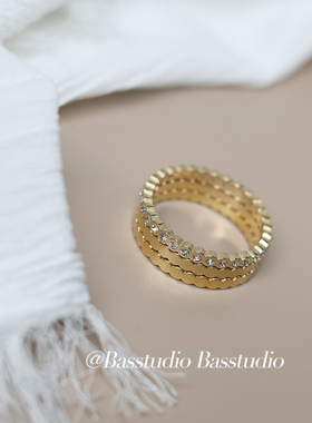 Basstudio 欧美叠戴搭配蜂巢满钻圆形几何戒指套装钛钢玫瑰金色