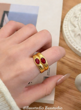 Basstudio欧美夸张复古祖母绿气质钛钢镀18k金多色潮不掉色食指戒