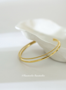 Basstudio极简金色手镯不掉色可碰水钛钢手环镀18K金麻花双层欧美