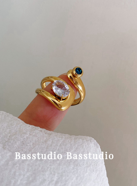 Basstudio欧美锆石钛钢戒指女开口可调节小众设计高级感轻奢指环