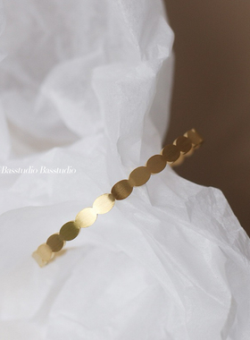 Basstudio 法式雾金拉丝纹圆片圆形开口手环手镯 钛钢镀18K金女