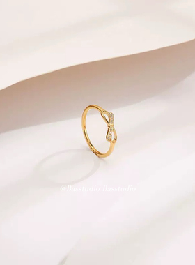 Basstudio韩版蝴蝶结镶钻戒指轻奢小众钛钢玫瑰金戒指高级感ins女