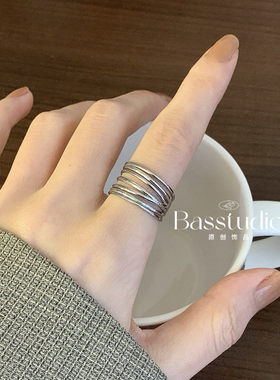Basstudio 欧美风博主千丝万缕宽版戒指镂空 钛钢镀18K金可调节