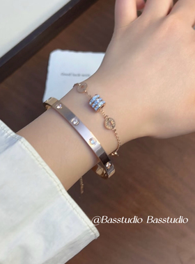 Basstudio 钛钢手镯女满圈钻气质18k玫瑰金手镯简约个性潮流手环