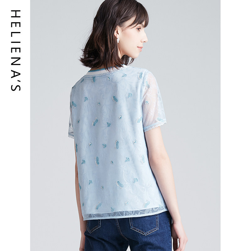 海兰丝2020夏新款宽松大码网纱小衫 海兰丝蕾丝衫/雪纺衫