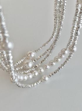 小众白色施家珍珠金属碎银子项链女个性简约百搭气质颈链锁骨链