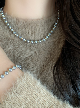 高级感灰白优亮珍珠项链气质轻奢风毛衣链法式复古高级感手链百搭