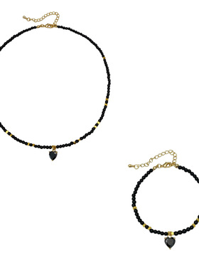 手作黑色珍珠串珠项链女爱心吊坠项链手链套装纯手工珍珠手链项链