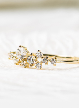 纯银镀14K金小钻戒指镶锆钻超闪纤细束戒指9个钻纤细戒指