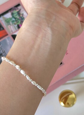 天然不规则淡水珍珠手饰S小银珠纯银弹力手串简约彩色ins百搭