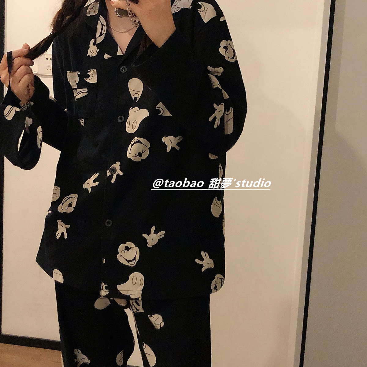 ins韩国可外穿黑色米奇睡衣男女春秋季长袖情侣两件套纯棉家居服