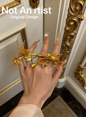 原创自制设计喜上眉梢复古喜鹊登枝戒指夸张立体黄酮重工手工戒指