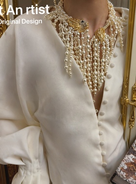 vintage复刻现代复重工手工编织狮子头尾浮雕珍珠鬃毛项圈项链