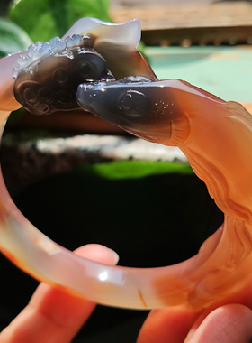 玛瑙印象 纯天然巴西玛瑙雕刻手镯 意境水墨蓝粉色精工连年有余55