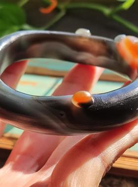 貔貅回头 金银不愁 纯天然巴西黑红老料玛瑙雕刻手镯 精工大气55