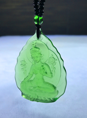 琉璃绿度母佛像吊坠项坠藏式佛牌护身符男女项链饰品挂件随身结缘