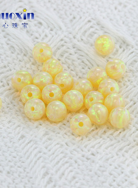 淡黄色半孔圆珠欧泊欧珀石裸石 球形打孔珠子绿变彩合成澳宝OP04