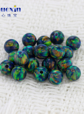 圆珠半孔深绿色欧泊石欧珀裸石 球形打孔珠子人造合成澳宝OP35