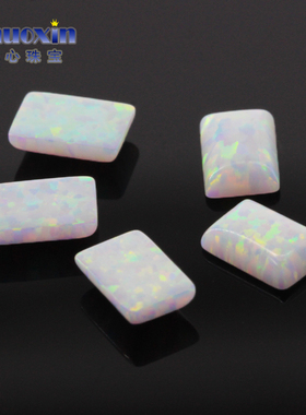 白色系多彩长方直角合成澳宝裸石OPAL 平底素面仿白欧泊主石OP17