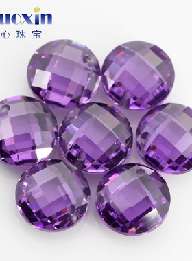 单孔圆形双龟面锆石组合 双格子面打孔CZ宝石裸石DIY耳环吊坠配石