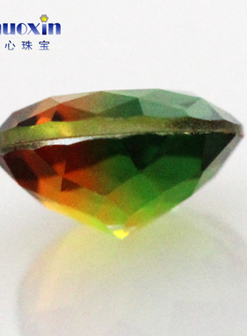 圆形合成西瓜碧玺黄绿色渐变裸石 尖底玻璃散珠戒面镶嵌配石BX10