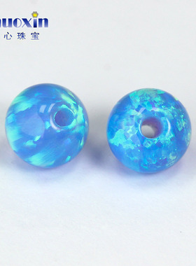 全孔圆珠天蓝色欧泊石欧珀裸石 球形珠子合成澳宝通孔OP06