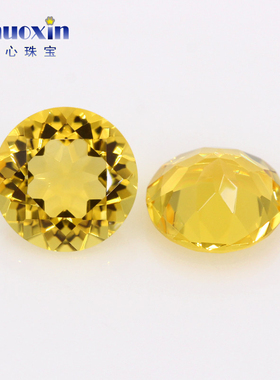 圆形培育黄水晶刻面裸石 合成黄晶戒指戒面主石尖底 压电水晶