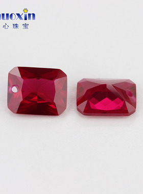 长方倒角5#红刚玉单孔裸石 合成培育红宝石小八角Ruby短边中间孔