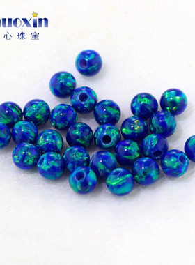深蓝绿彩半孔圆珠欧泊欧珀石裸石 球形打孔珠子合成澳宝散珠#L-1