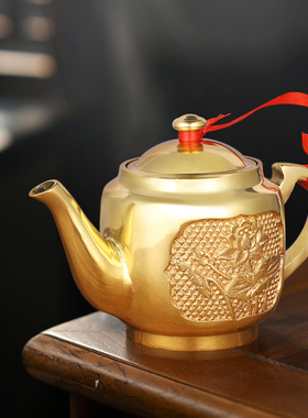 纯黄铜茶壶复古元宝茶壶供奉摆件