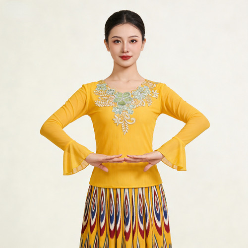 新款新疆舞蹈上衣女春夏季款网纱修身款广场舞服民族舞维族舞服装 - 图0