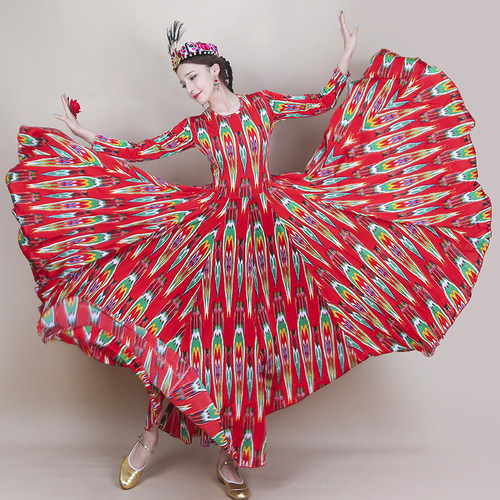 新疆舞蹈演出服民族特色艾德莱斯裙维吾尔族舞台大摆连衣裙720度 - 图1